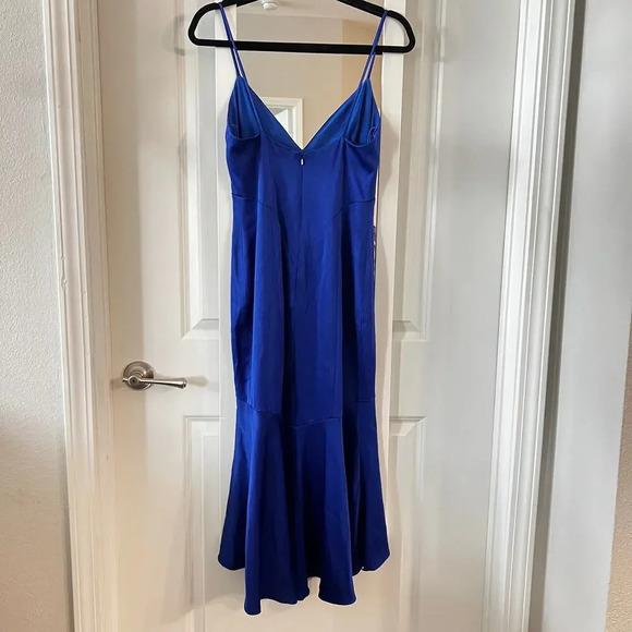 100 THEIA Plunge Necklune Midi Dress Size 2 Color Blue - Picture 7 of 8